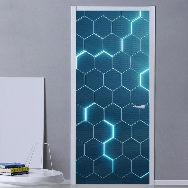 Modern Door Sticker 3D Stereo Abstract Geometric Blue Circuit Door Mural PVC Self-Adhesive Waterproof Door Poster Creative Decal