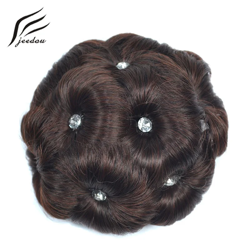 Jeedou Synthetic Chignon With Diamond Clip On Hair Bun Pad Updos Round Flowers Donut Black Brwon Color Women's Hairpiece