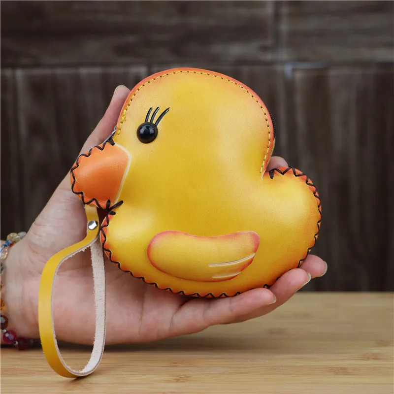 

The First Layer Cowhide Duckling Coin Purse Mobile Phone Coin Car Key Storage Messenger Bag Cute Cartoon Hand Bag