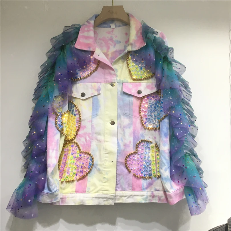 2023 Spring New Fashion Chic Denim Jacket For Women Loose Short Beading Sequins Tie-dyed Jean Coat Female Hipster Streetwear