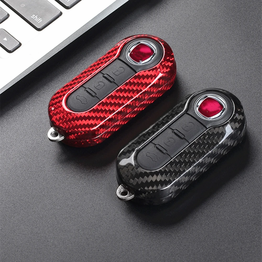 For Fiat 500 500L Panda Punto Bravo Punto Evo Abarth Real Carbon Fiber Auto Smart Remote Key Fob Cover Cap Black/Red Case Shell