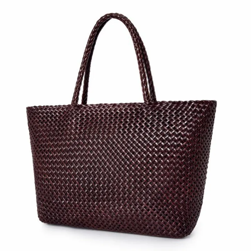 

Women Romantic Handmade Woven Totes Genuine Leather Handbag Female Cowhide Weaving big mommy Holiday Bag Causal Soft Handbags