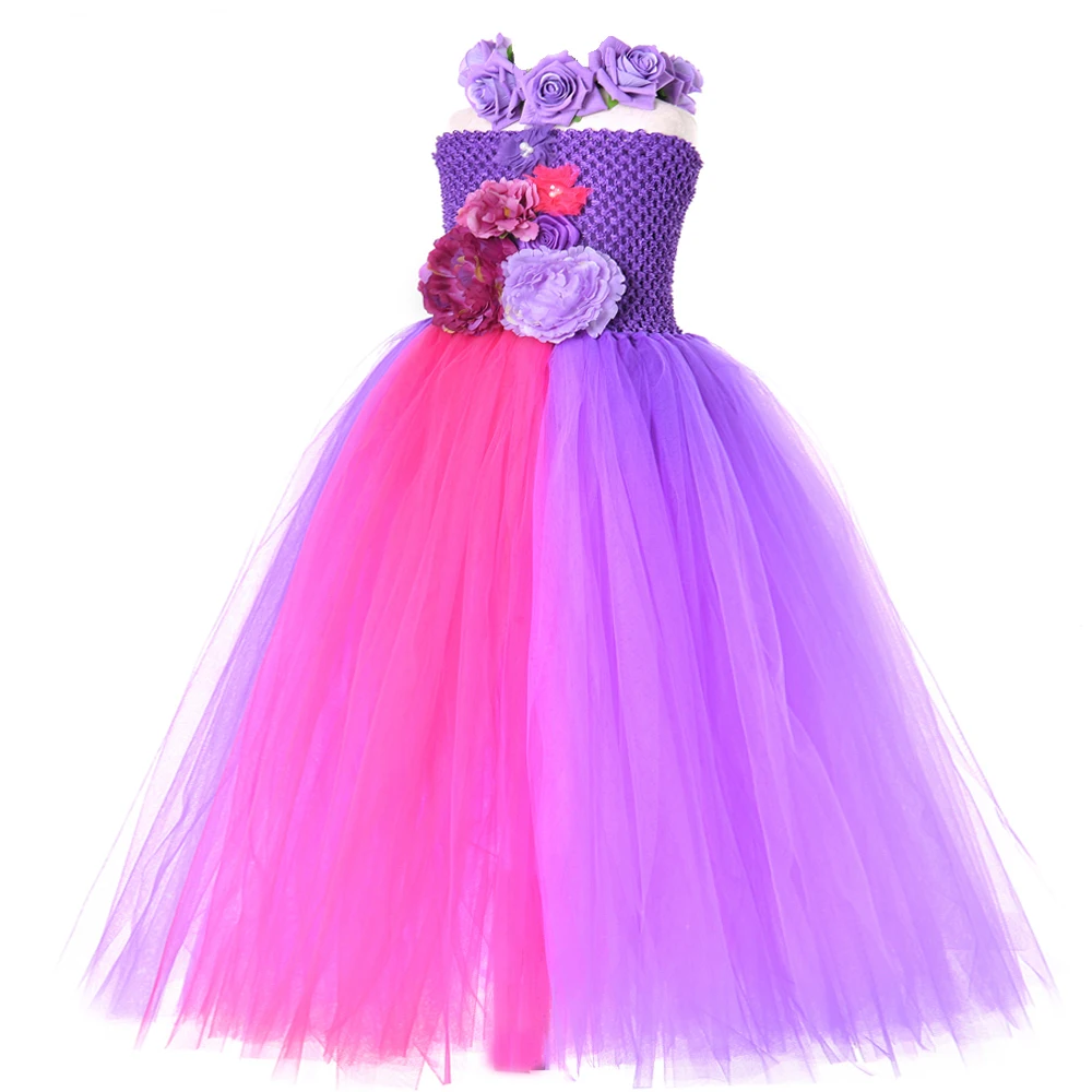 Flower Girl Dresses Long for Wedding Bridesmaid Gown for Kids Girls Fairy Tutu Dress with Garland Princess Birthday Costume 1-14