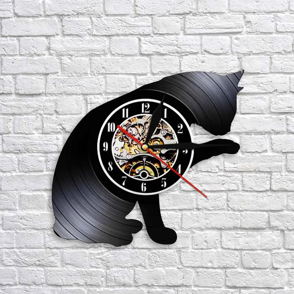 Cat Wall Clock Kitty Pet Animal Vintage Vinyl Record Wall Clock 3D Wall Watch Handmade Wall Art Decor Modern Design Home Clocks