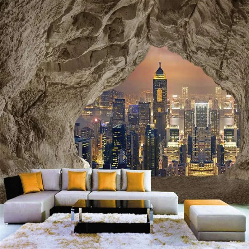 

Custom 3d wallpaper mural cave stone wall city night view 3d three-dimensional large-scale background wall decoration wallpaper