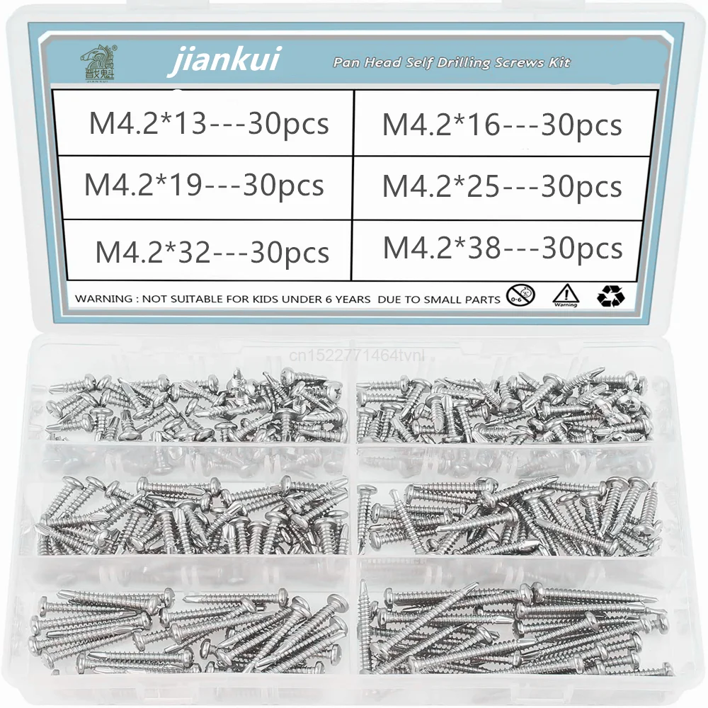 180pcs Cross Recessed Phillips Pan Head Self-Drilling Tapping Screw Thread 410 Stainless Steel M4.2 Self Drilling Screw