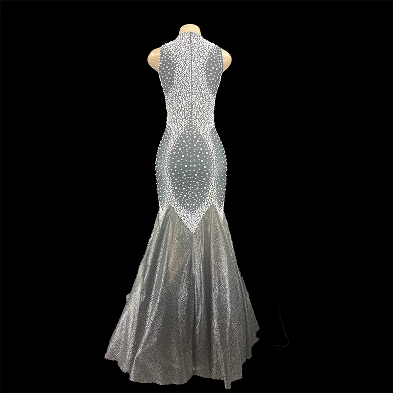 Women Sexy Stage Luxurious Silver Rhinestones Pearls Evening Dress Wedding Birthday Celebrate Performance Dancer Singer Dress