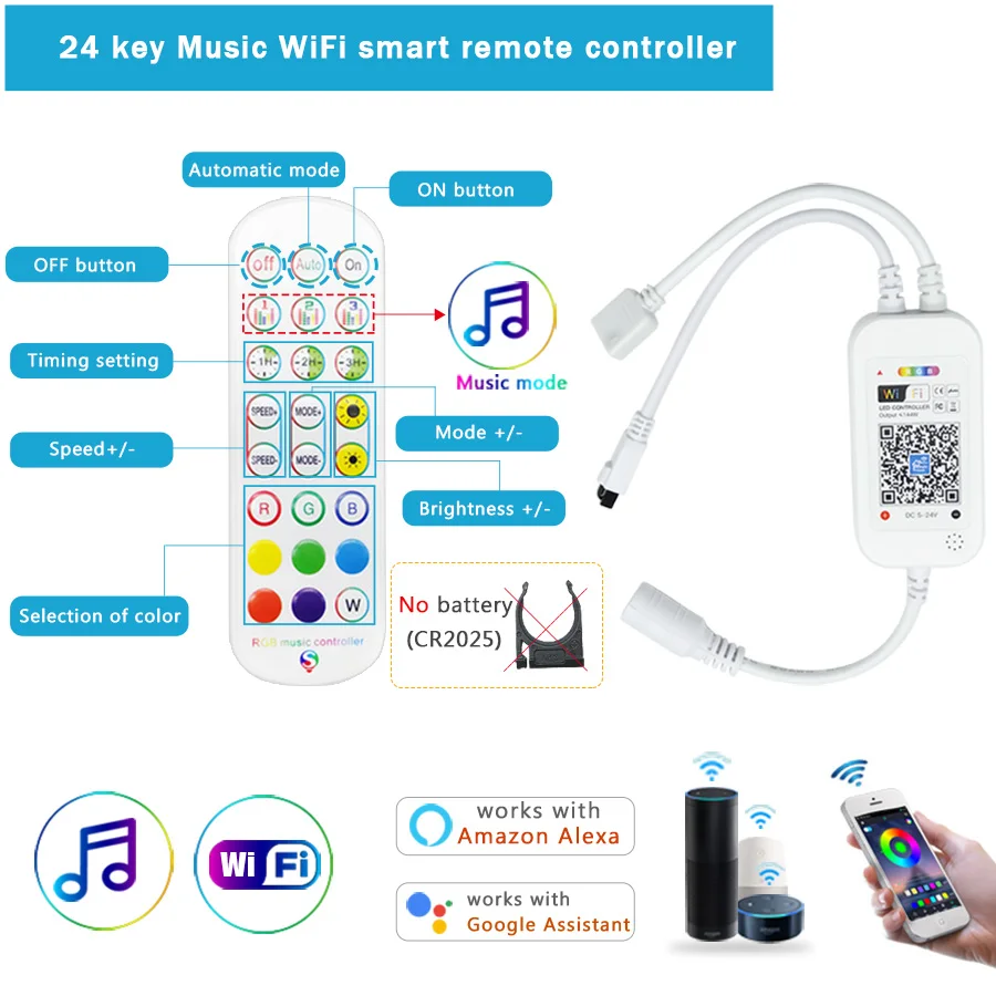 Music Wifi LED Controller 4 Pin RGB LED Strip Light Contoller 5-24V APP Remote Voice Control Work with Alexa Echo Google