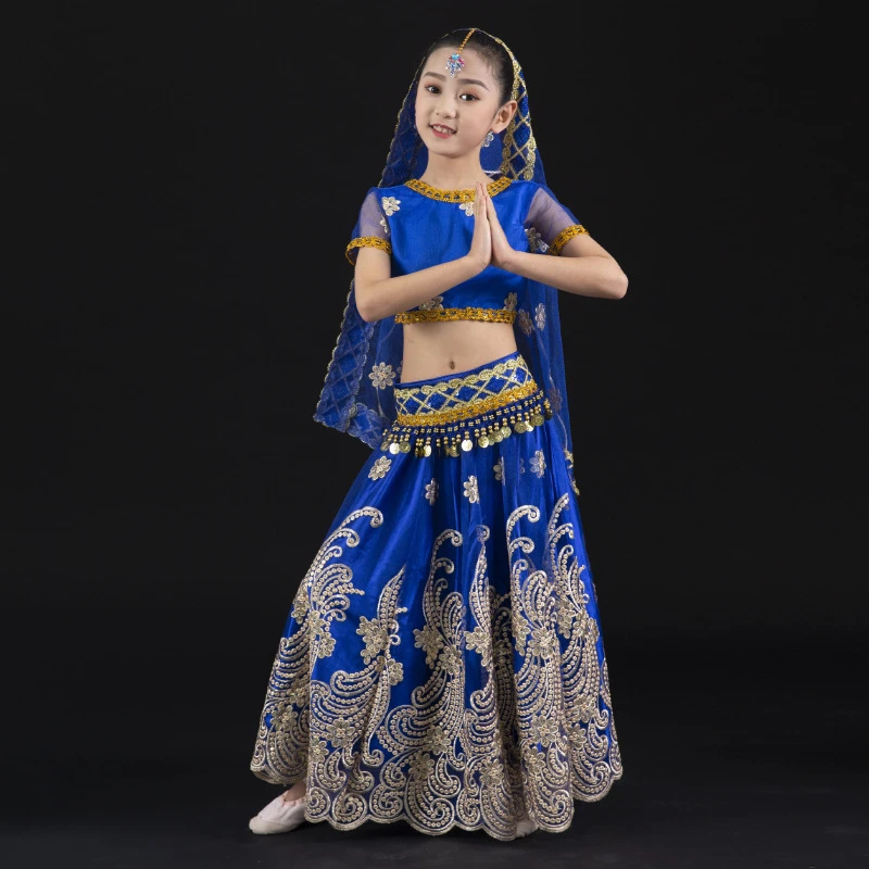 

New Children Clothing Indian Style Belly Dance Belt Skirt Veil Headdress Girls Performance Dress China Xinjiang Dance Skirt Suit