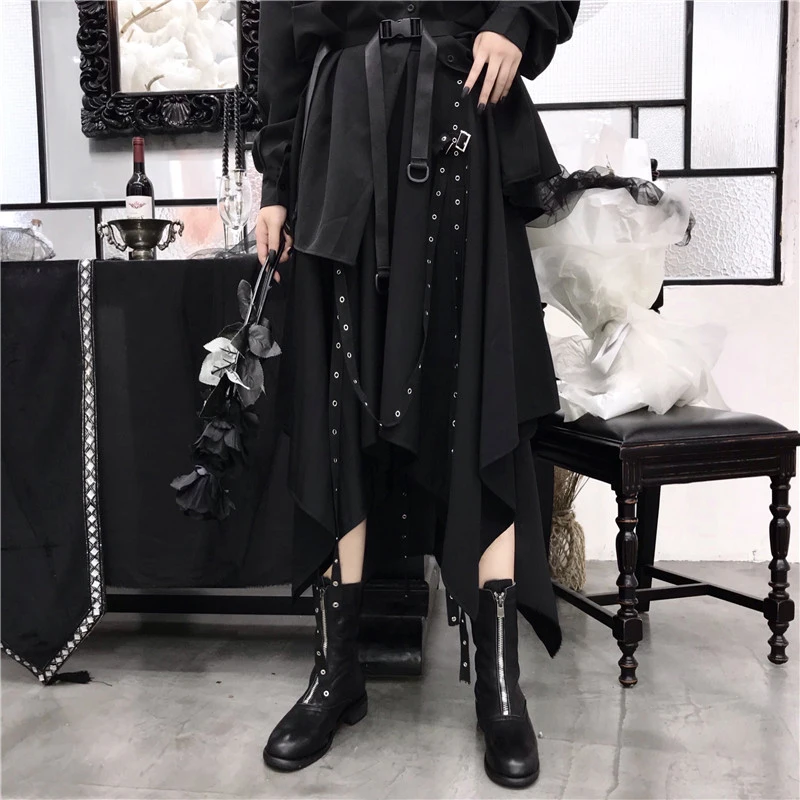 Lady Half Skirt Spring And Autumn New Solid Color Personality Buckle Design Irregular Asymmetric Heavy Metal Wild Half Skirt