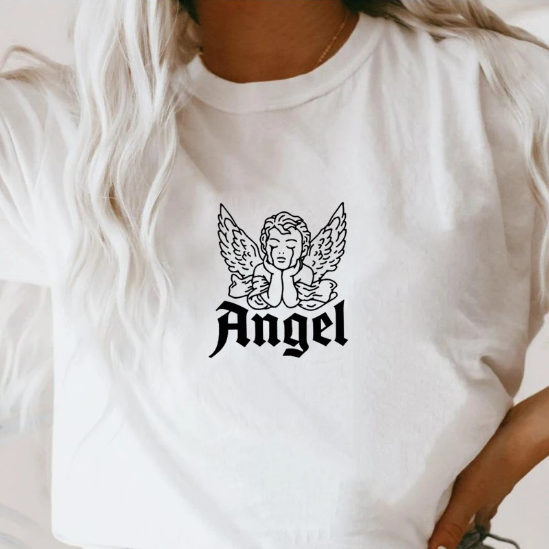 

Crying Angel 100% Cotton T-shirt Aesthetic Women Cherub Graphic Tshirt Cute Baby Angel Girl Art Top Tee Shirt