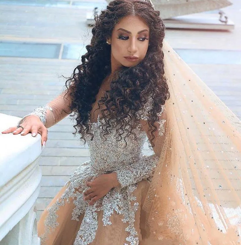 العربية الشمبانيا فستان الزفاف الدانتيل زين مطرز شفاف جوهرة الرقبة كم طويل فستان زفاف Vestido de Novia Mariage