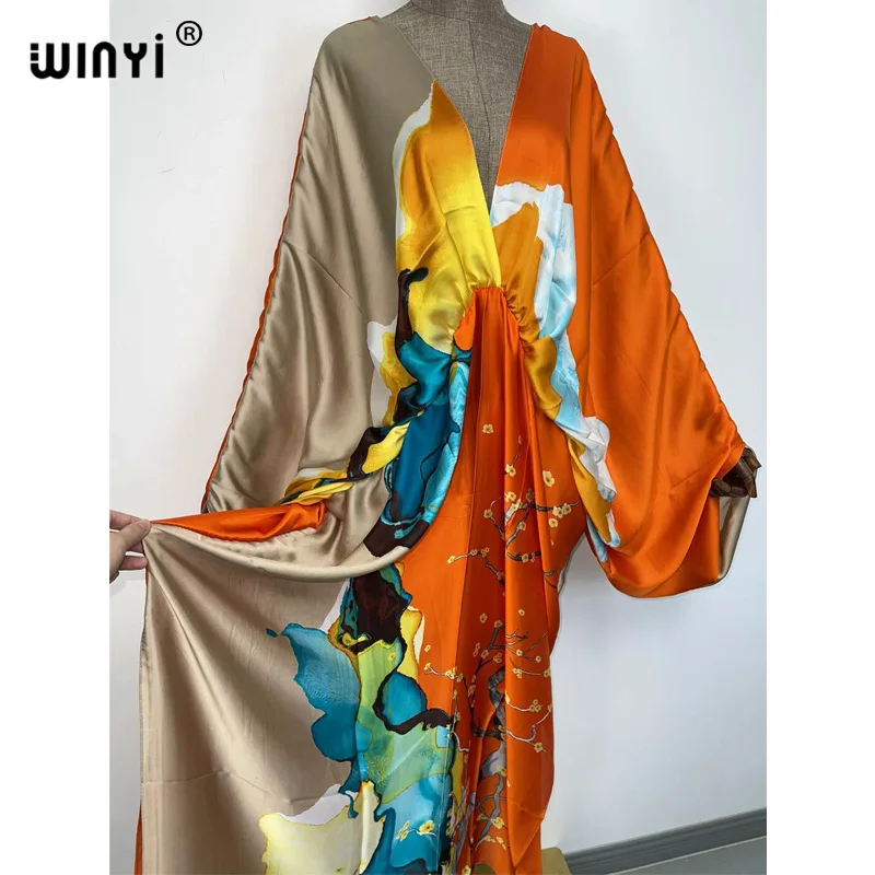 Sexy Beach High-Quality Hand-Rolled Feel Silk Rayon Fashion Print 2021 WINYI Maxi Women's Robes Long Beach V-Neck Bohemian Dress