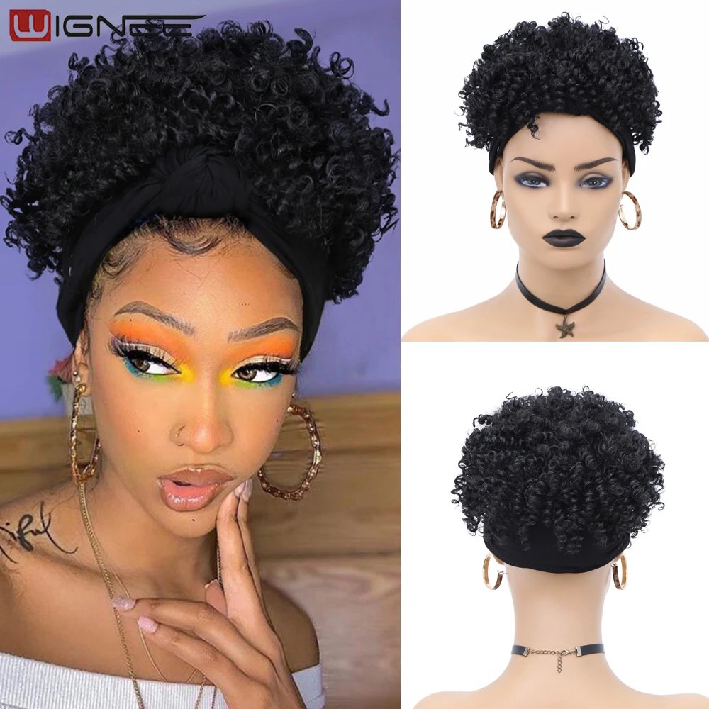 Wignee Afro Puff Headband Wig Synthetic Kinky Curly Hair Wigs For Black Women Turban Wrap Headband Wig Natural Black Ombre Color