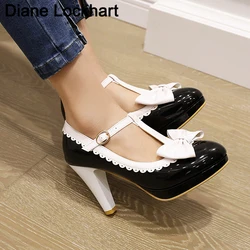 Lolita Mary Janes Women High Heels Shoes Sweet Bowknot Ruffles Dress Party Wedding Shoes Bridal Princess Pumps For Girlfriends