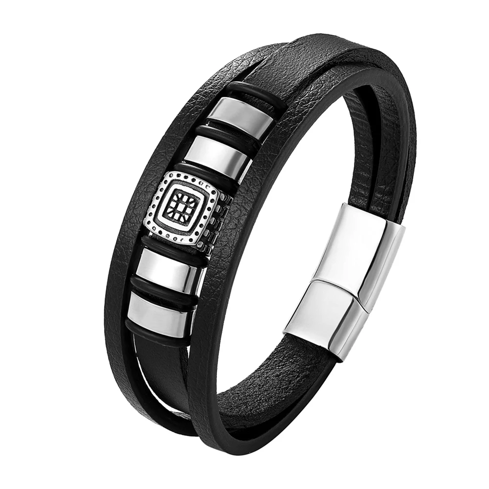 New Fashion Stainless Steel Men Bracelet Magnetic Clasp Braided Mutilayer Leather Bracelet Punk Rock Bangles Man Jewelry Gift