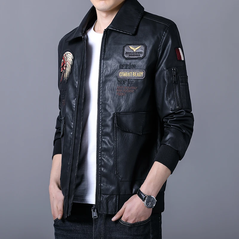 Indian Embroidered Leather Jacket for Male Korean Version of the Trendy Brand Air Force Pilot PU Motorcycle Quality Coat On Sale