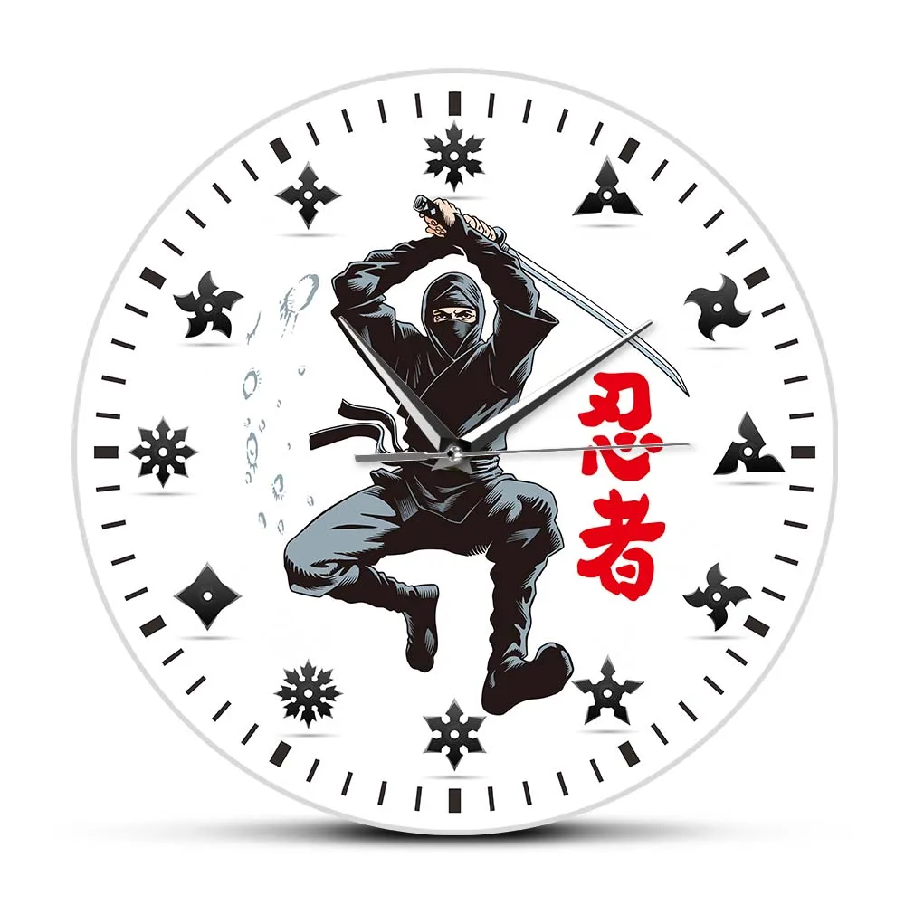 

Japanese Ninja Warrior With Swords Wall Clock Fighting Martial Arts Ninja Stars Weapon Timepieces Art Decorative Wall Watch