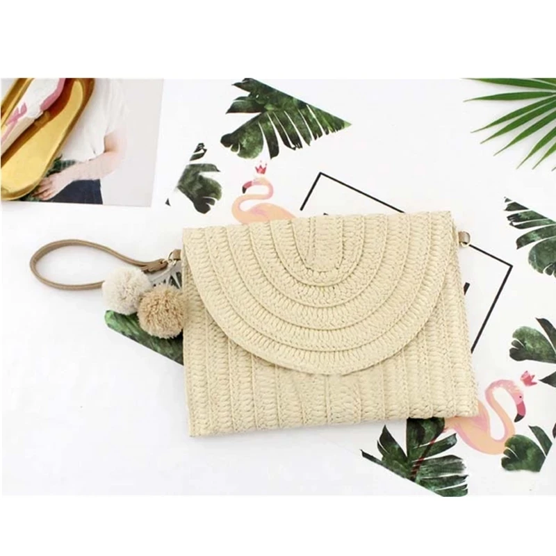 Bolsa de palha de vime boho feminina, bolsa quadrada tecida, mensageiro com aba, embreagem para férias na praia, casual, verão