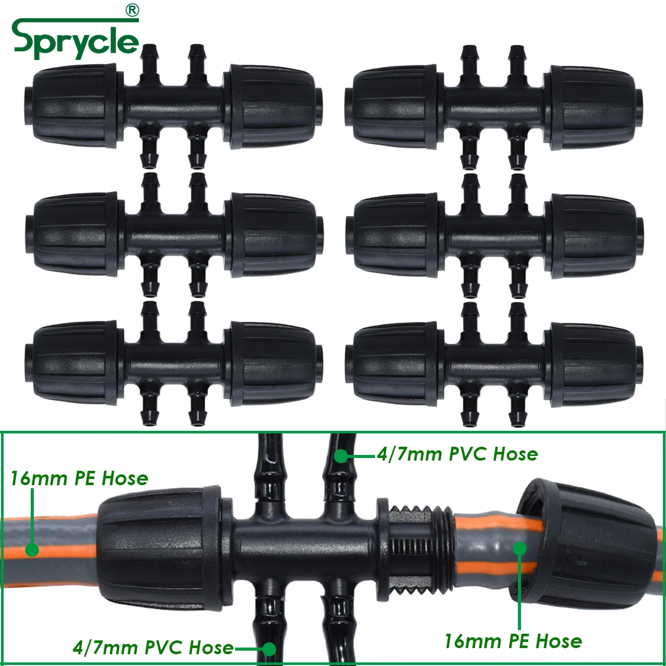 SPRYCLE Garden 16mm to 4/7mm Hose 6-Way Connector Flower Irrigation Water Adapter PE Pipe to 1/4'' Micro Tubing Fitting Joint