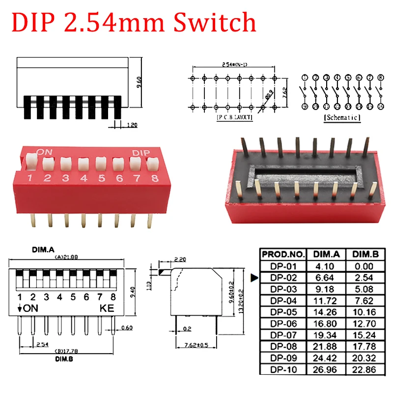 Joli DIP à glissière, interrupteur à cadran, bouton-pression bleu, technique 1, 2, 3, 4, 5, 6, 8, 10 broches, position Way, pas de 2.54mm, rouge, interdit, 10 pièces