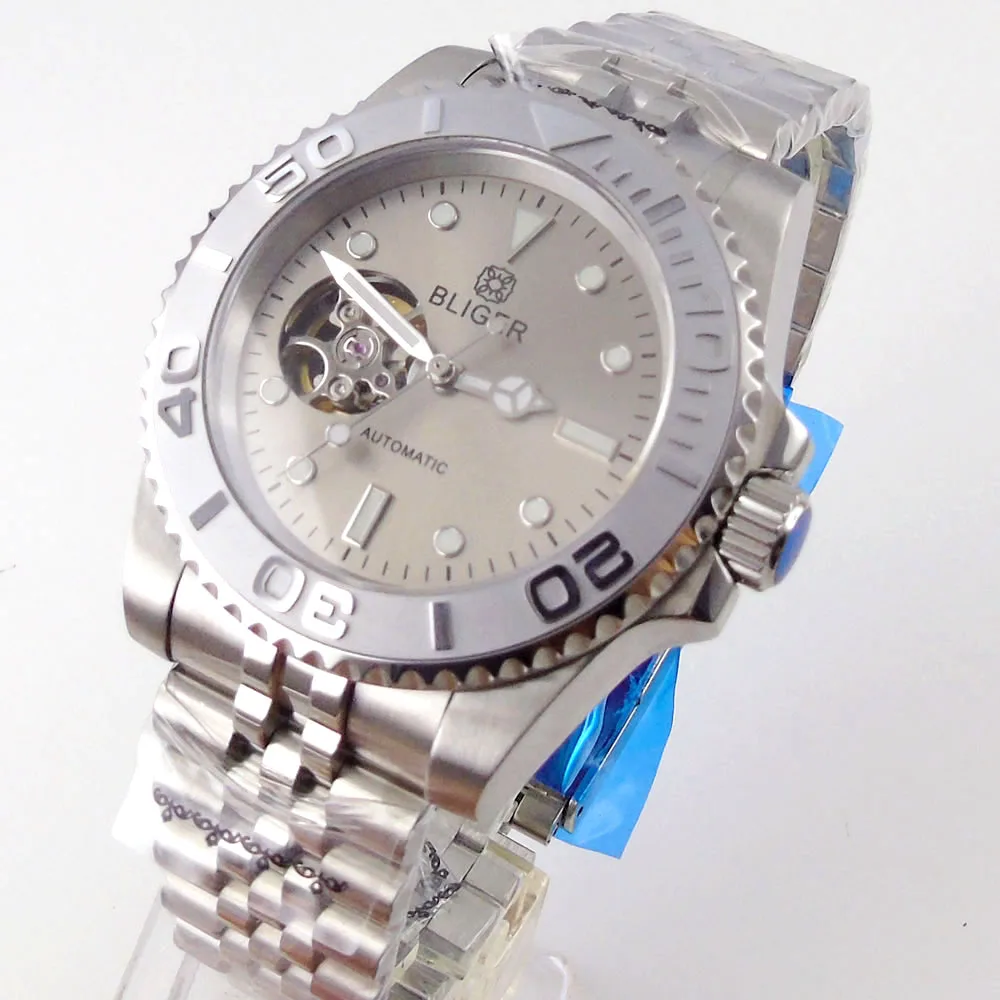 NH38A 40mm Bliger Automatische Mechanische Herren Uhr Blau/Grün/Grau Skeleton Zifferblatt Sapphire Glas Rotierenden Lünette Leucht