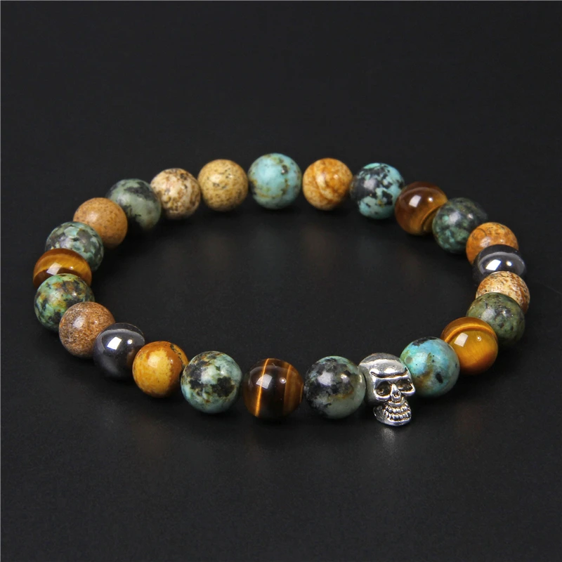 Schädel Armbänder Für Männer Frauen Natürliche Stein Tigerauge Armband Malachit Labradorit 8MM Perlen Stretch Armreifen Punk Schmuck – Detail 10