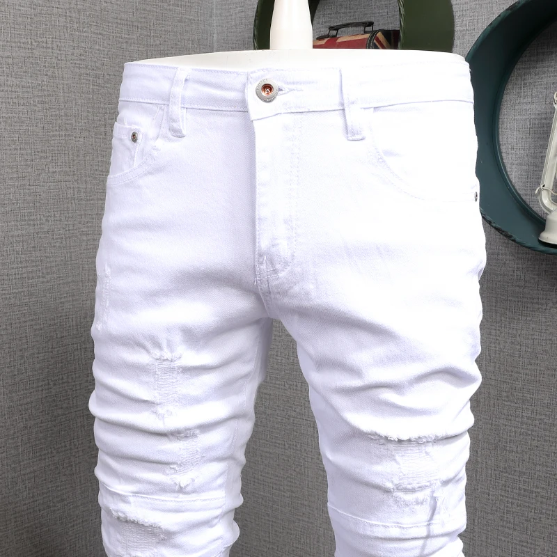 Jeans d'été décontractés en coton pour hommes, pantalons droits coupe couvertes, patchs déchirés en denim, streetwear blanc, mode masculine, fjwear