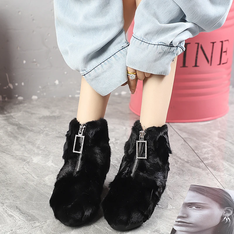 Womens Real Mink Fur Match Colors Furry Ankle Boots Snow Warm Winter Rhinestones Crystal Decor Shoes Luxury Plus Size  2023