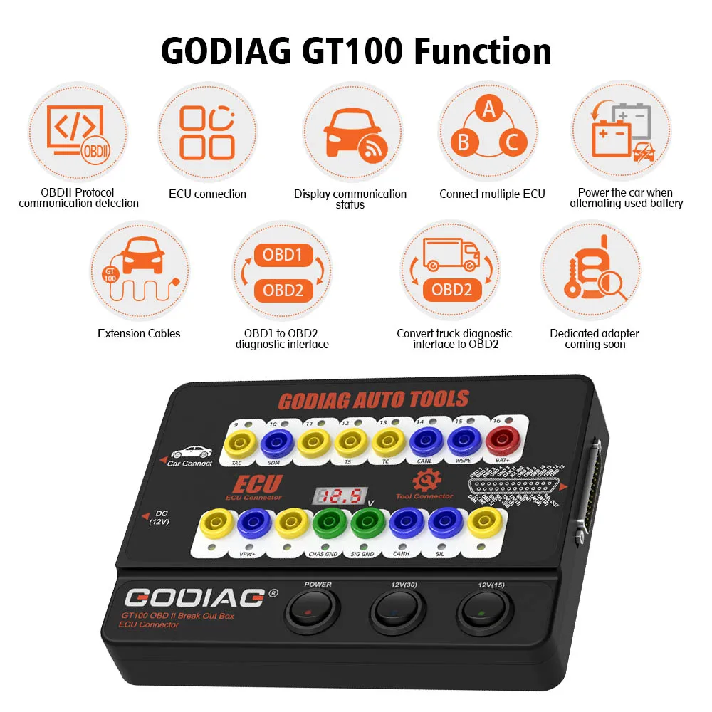 أدوات السيارات GODIAG GT100 ، صندوق الخروج ، موصل ECU ، OBDII ، 16Pin ، كاشف البروتوكول ، اندلاع