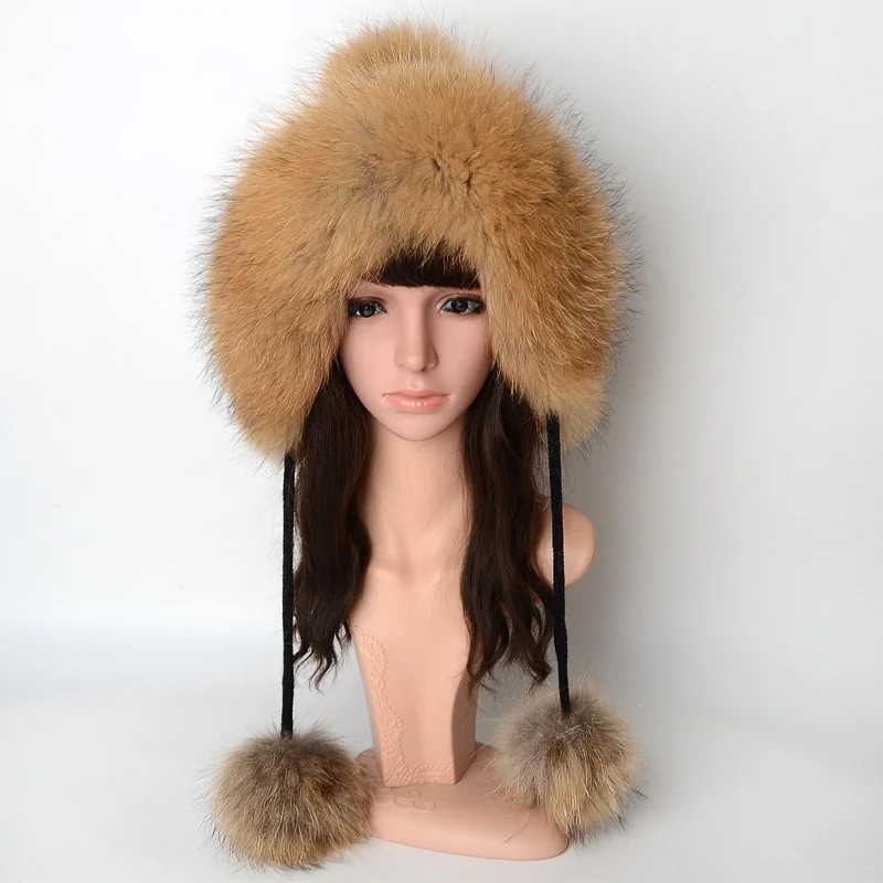 Women's Outdoor Hat Winter Real Fox Fur Warm Fur Hats Lady Knitting Genuine Raccoon Fur Pom Pom Russian Bomber Hat 2021 Hats