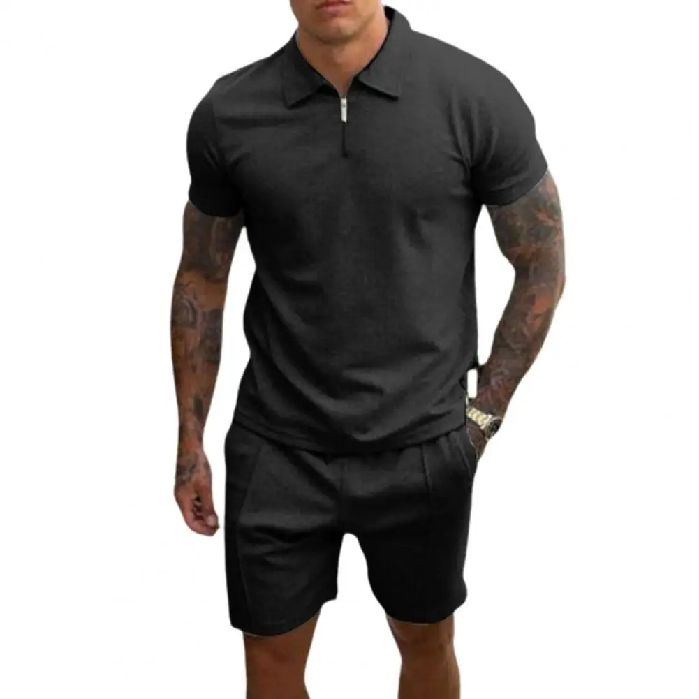 Summer Tracksuit Solid Color Drawstring Men Short Sleeve T-shirt Drawstring Shorts for Fitness