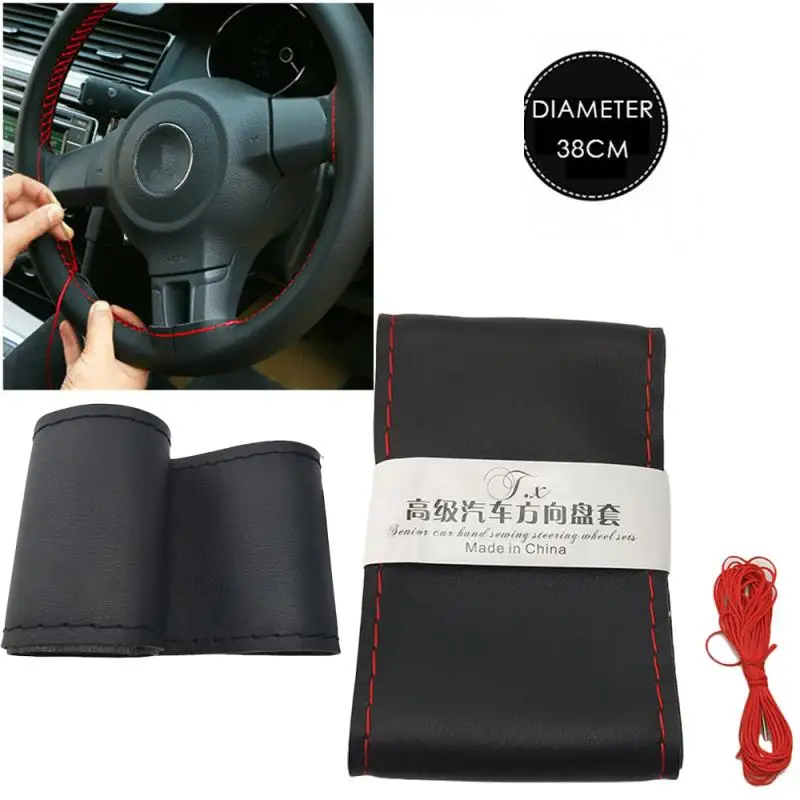 37cm/38CM Car Steering Wheel Braid Cover Needles And Genuine Leather Diameter  Suite 3 Color DIY Texture Soft Auto Accessories