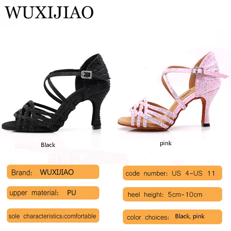 WUXIJIAO-zapatos de baile latino con diamantes de imitación para mujer, calzado de salón, tacón de Cuba de 8,5 cm, Software de Vals, gran oferta