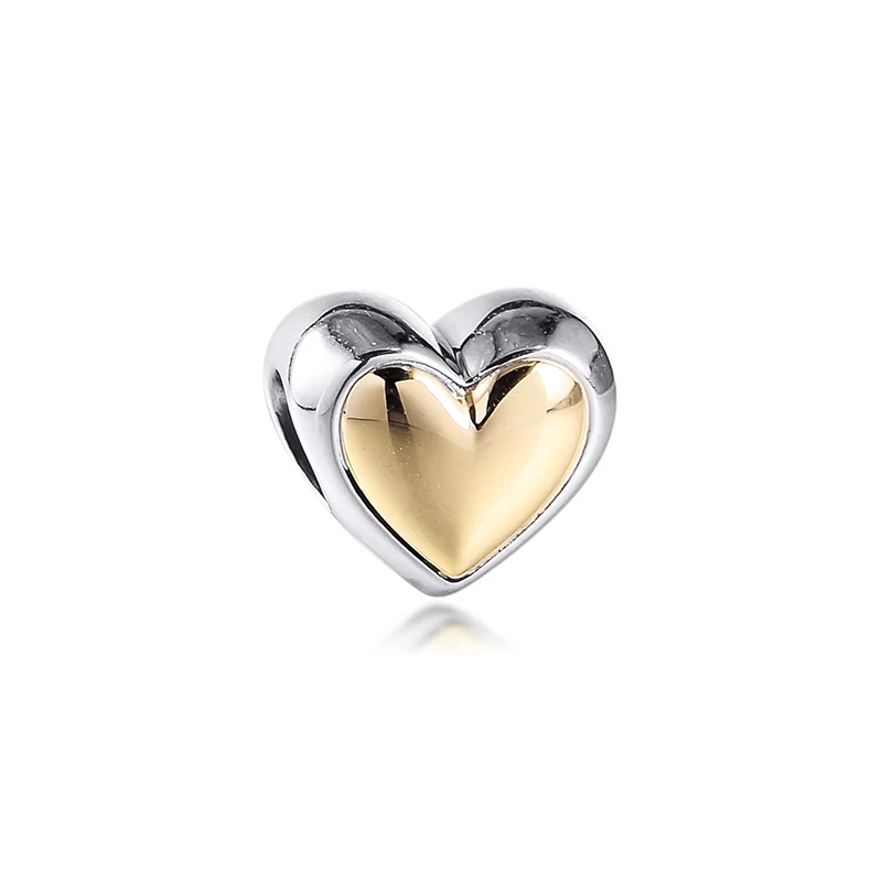 

New Domed Golden Heart Charm Real 14k Gold Fits Pandora Bracelets on Hand DIY Jewelry 2021 Trend for Mother Gift Free Shipping