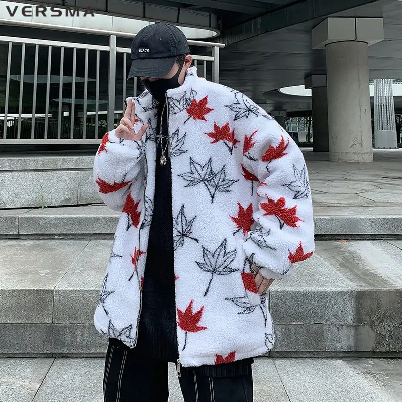 VERSMA Korean Trendy Maple Leaf Print Lamb Wool Parka Men Women Winter Warm Oversized Cotton Padded Jacket Coat Men Dropshipping