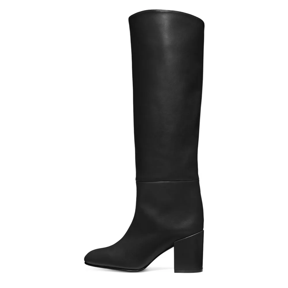 Round Toe Block Heel Knee High Boots for Women Black Mid Heel Slip on Tall Boots Ladies Chunky Winter Shoes 2024 Botas Pretas