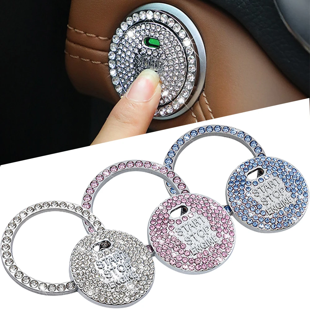 Bling Pink Diamond Car Engine Ignition Start Button Decor Ring Crystal Sticker Start Stop Ignition Push Button Switch Cover Deca