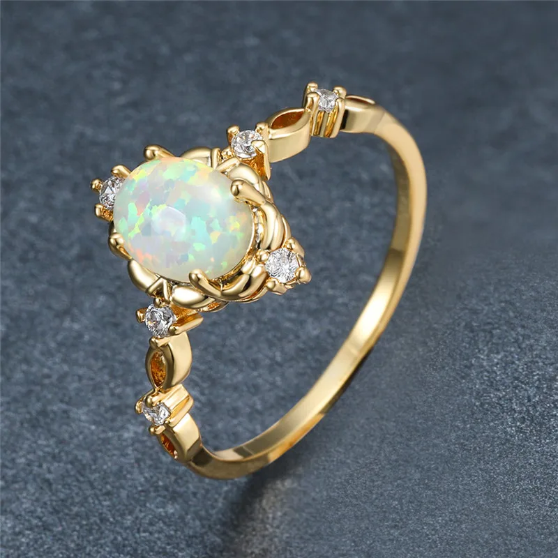 Charm Gold Silver Color Wedding Ring White Opal Oval Stone Engagement Ring Cute Female Blue Green Purple Crystal Rings For Women