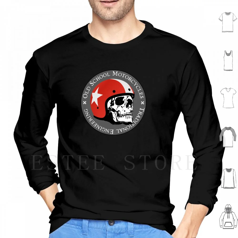 Old School Motorcycles Hoodie Long Sleeve Old School Motorcycle Biker Bike Chopper Scull Skull Bone Motorcycle Helmet