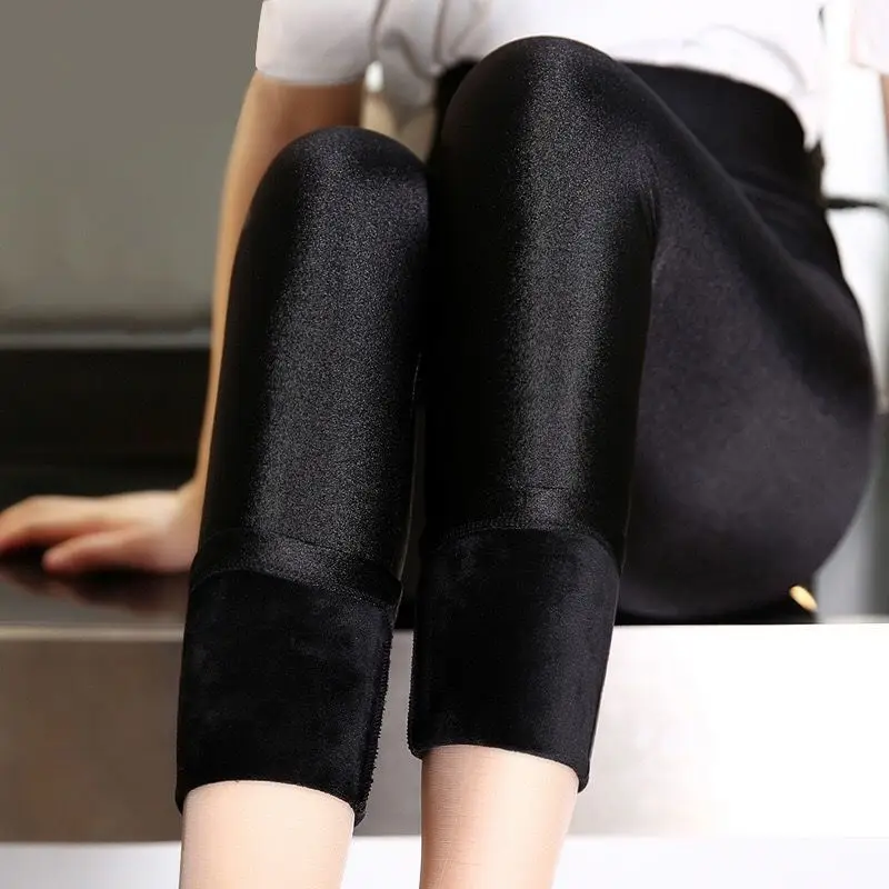 Herbst Winter Dicke Leggings Fashion Solid Dünne Hosen Dame Fleece Warme Leggings Casual Schwarz Glänzende Hohe Taille Leggings – Detail 8