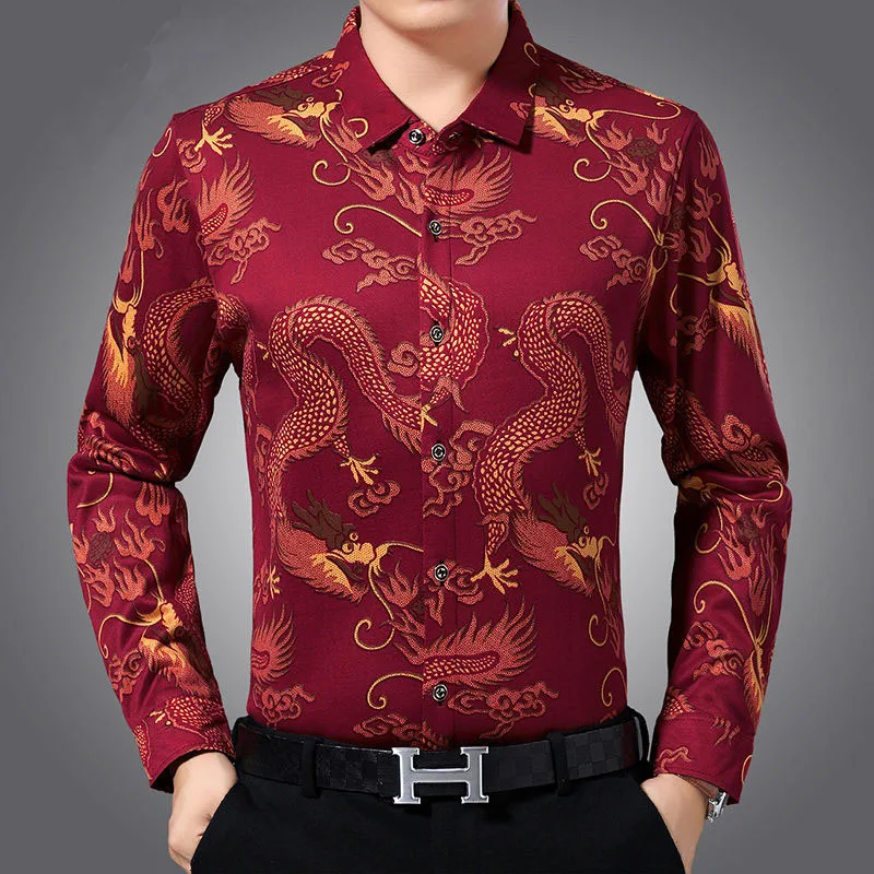 3D Dragon Print Men's Casual Long Sleeve Shirt Fashion Chinese Style Tops Shirt Base Clothes Large Size M-4XL