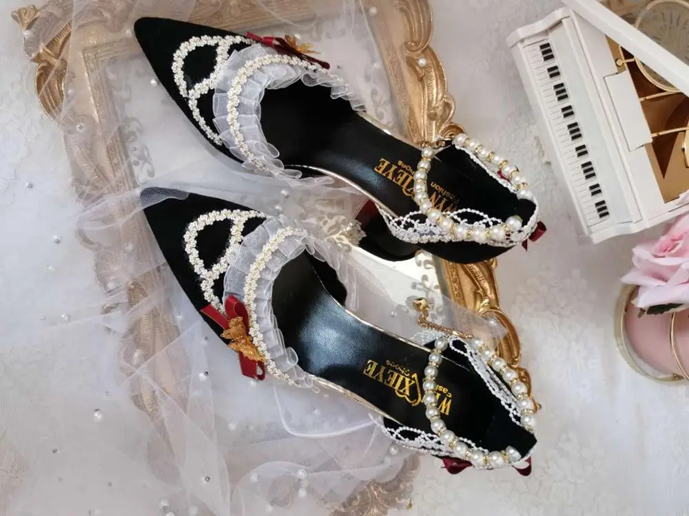 Lolita black flower feast French palace vintage Chinese style high heels kawaii shoes cosplay loli women shoes princess kawaii