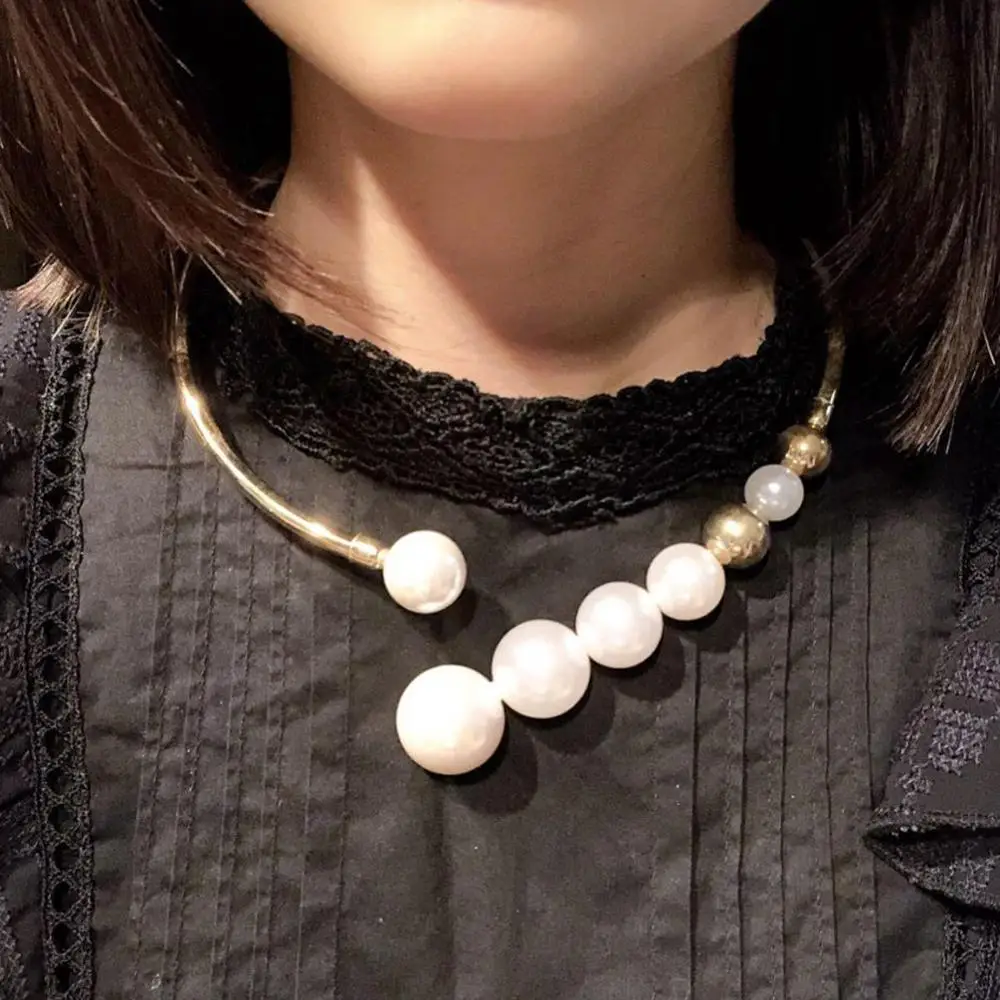 MANILAI Alloy Torques Simulated Pearl Necklaces For Women Statement Collar Choker Necklace Long Pendants Party Jewelry Metal