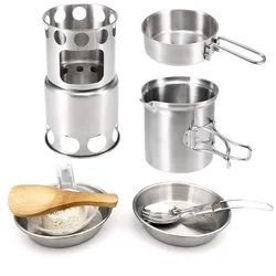 Camping Pot Set Foldable Handle Camping Pans Wood Stove 304 Stainless Steel Cook Kit Cookware Hiking Outdoor Picnic