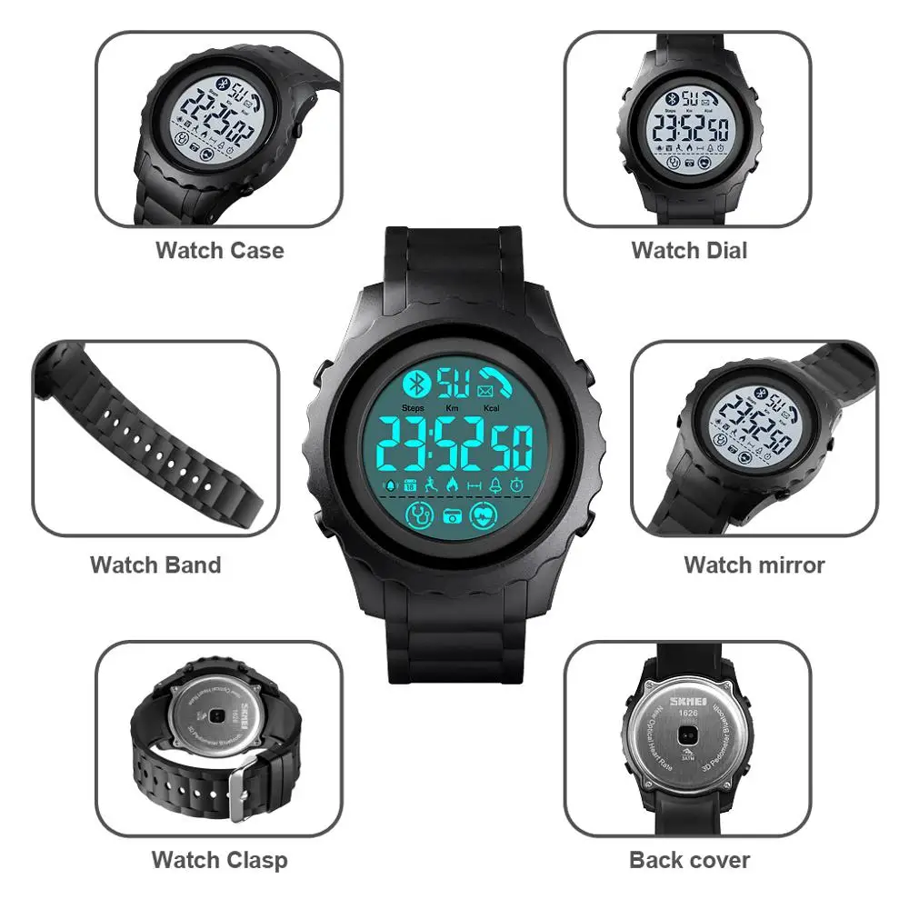 SKMEI Sport Smart Watches Waterproof Bluetooth Wristwatch Pedometer Calorie Tracker Heart Rate Monitor Digital Watch 1626