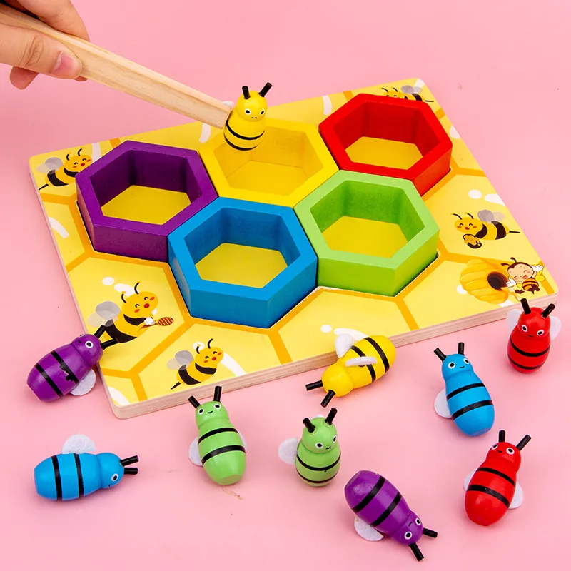 Wooden Toy Clamp Bee Game Color Matching Cognition Hand-eye Coordination Montessori Early Education Toys For Children Kids Baby