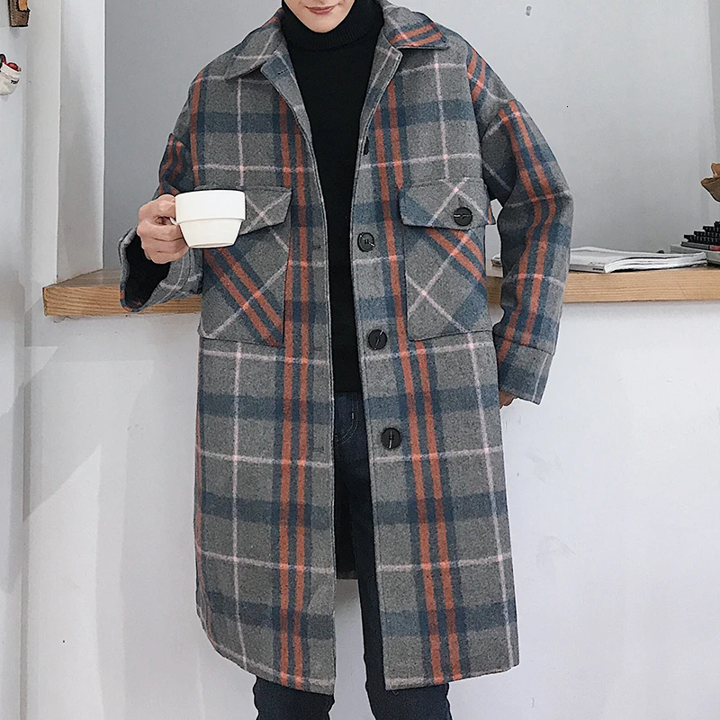 

Vintage Long Plaid Woolen Jacket Outerwear Men Streetwear Hip Hop Loose Windbreaker Overcoat Cardigan Coat Abrigo Largo Hombre