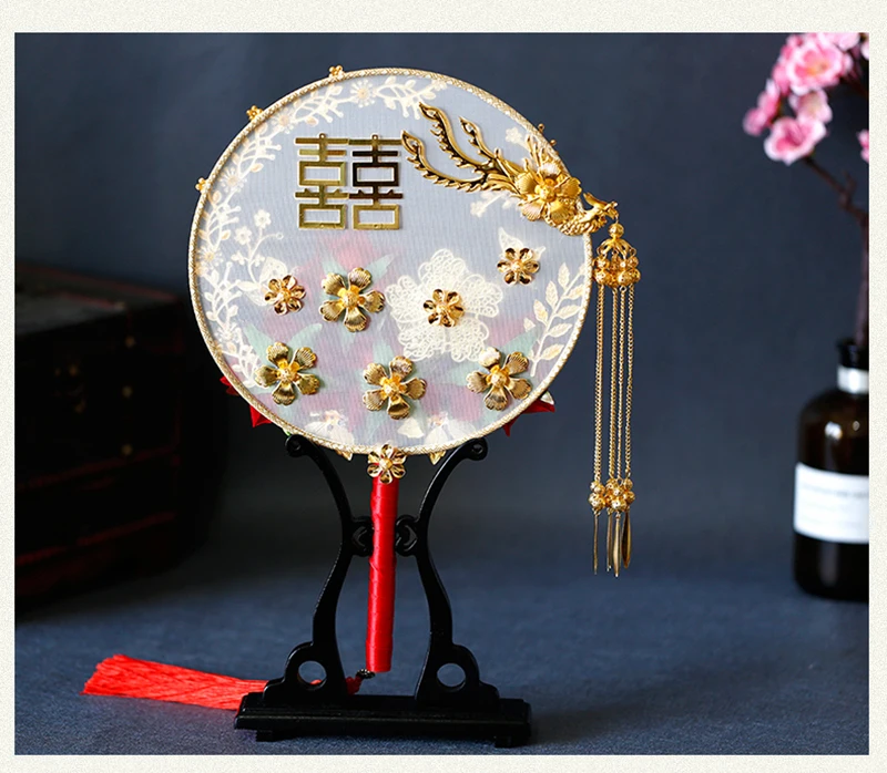 NiuShuya Luxus Chinesischen Gold Phoenix Braut Fan Bouquets Klassische Handarbeit Metall Runde Hand Fan Business Geschenk Hochzeit Zubehör