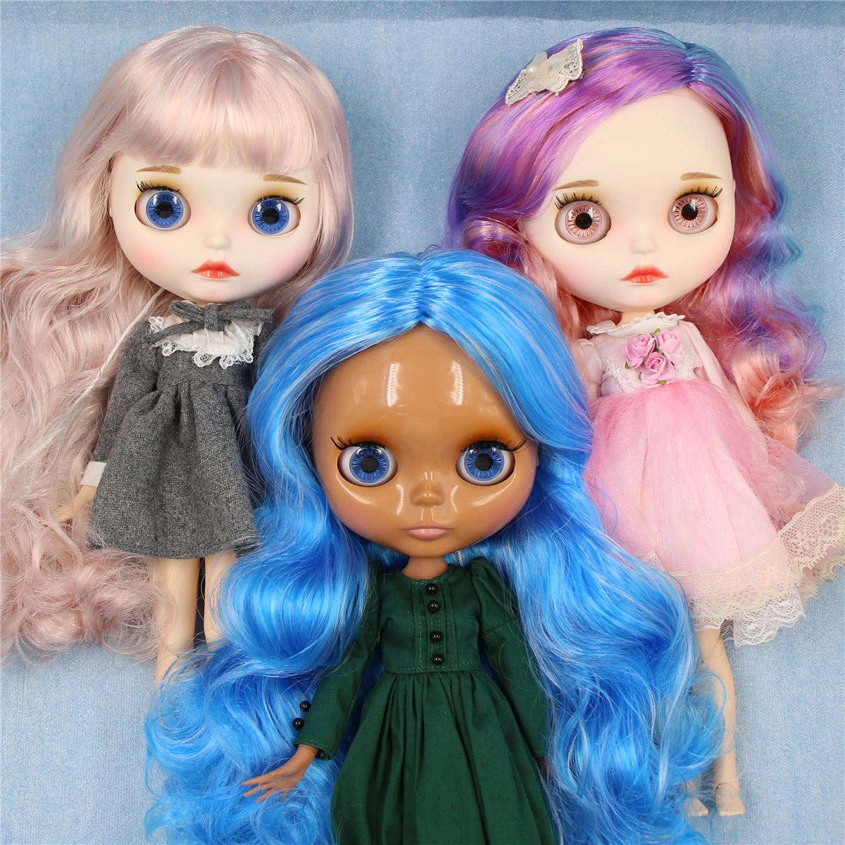 ICY DBS Blyth doll 1/6 bjd joint body dark skin shiny face blue hair white skin matte face Multi-colored hair 30CM toy anime